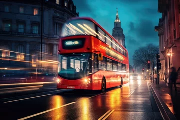 Foto op Plexiglas Modern bus is transporting passengers during night on holiday. Generative Ai. © annamaria