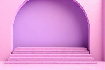 Obraz premium Purple arch with stairs for display on a pink background. Purple Arch Podium on Pink