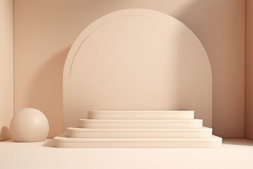 A minimalistic scene with geometric forms featuring an arch and a stepped podium in a beige setting.