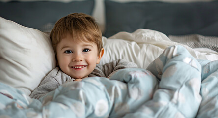 Little boy smiling while lying in bed in the morning