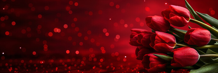 Bright background with red tulips, copy space