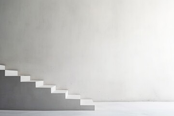 An architectural side view of white concrete stairs against a minimalist wall. White Concrete Stairs