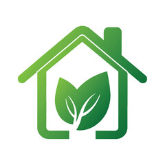 Inside a flat green house is a green leaf. The house's simple silhouette features a green roof and chimney. Icon isolated on white. 