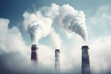 Industrial chimneys releasing thick smoke into a clear blue sky, a symbol of air pollution. Industrial Smokestacks Pollution