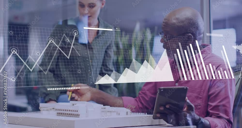 Poster animation of data processing and diagrams over diverse colleagues discussing work