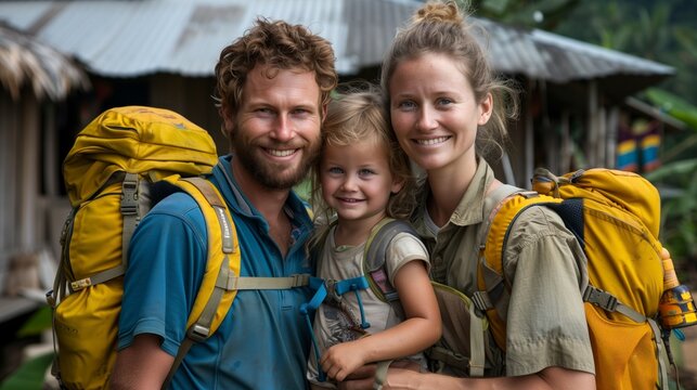 a man , woman and child are posing for a picture with backpacks