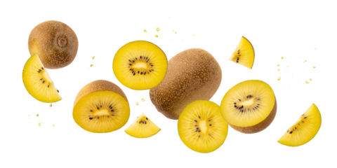 Fresh ripe kiwi gold fruit whole and slices with drops falling flying isolated on white background.