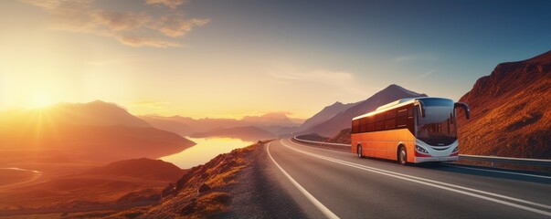 Fototapeta na wymiar Modern bus is transporting passengers in mountains with sunset on holiday, banner. Generative Ai.