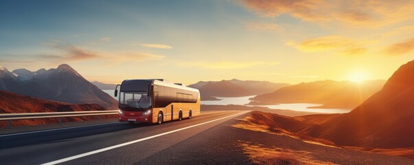Modern bus is transporting passengers in mountains with sunset on holiday, banner. Generative Ai. - obrazy, fototapety, plakaty