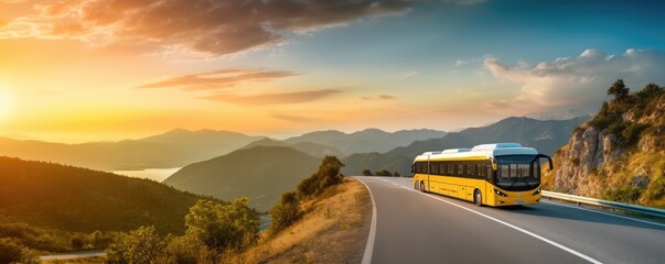 Modern bus is transporting passengers in mountains with sunset on holiday, banner. Generative Ai. - obrazy, fototapety, plakaty