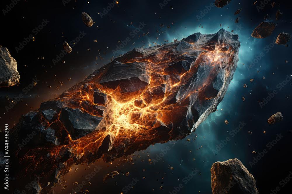Poster artists realistic depiction of a rock exploding in the vastness of space, showcasing the powerful fo