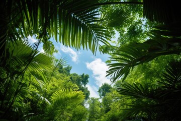 Vibrant green tropical leaves framing a clear blue sky. Lush Tropical Canopy Opening to Blue Sky