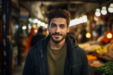 Foto op Plexiglas A handsome young Middle Eastern gentleman with a chic beard and expressive brown eyes, standing amidst the hustle and bustle of a vibrant market scene © aicandy