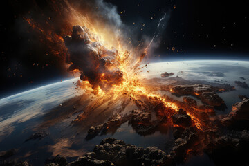 Colossal explosion shattering the earths crust, sending debris and flames into the air amid a chaotic scene of destruction - obrazy, fototapety, plakaty
