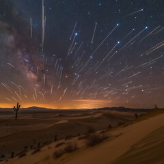 Meteors Radiating from Point in Sky over Sand Dunes at Night