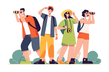 A group of happy friends tourists travelers. Vector illiustration