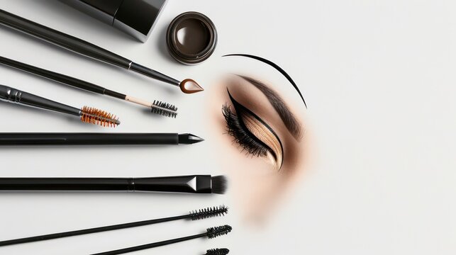 Modern makeup brushes, makeup brushes advertisement, makeup model's eyes