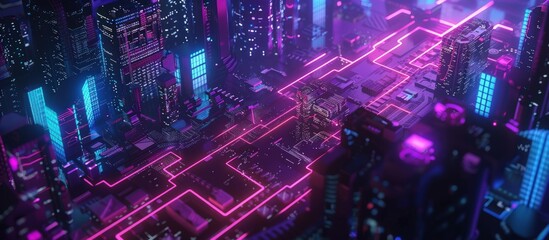 Fototapeta na wymiar 3D illustration of futuristic science fiction city with blight neon lights. AI generated image