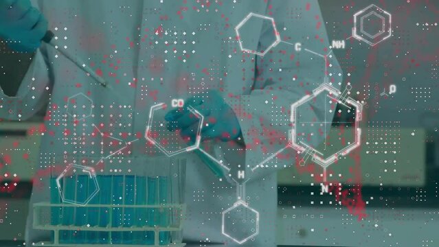 Animation of chemical formula and dna strand over scientist working in lab
