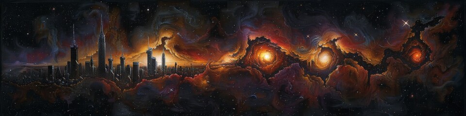 Cosmic Dust Clouds Over Industrial Cityscape Panorama - obrazy, fototapety, plakaty