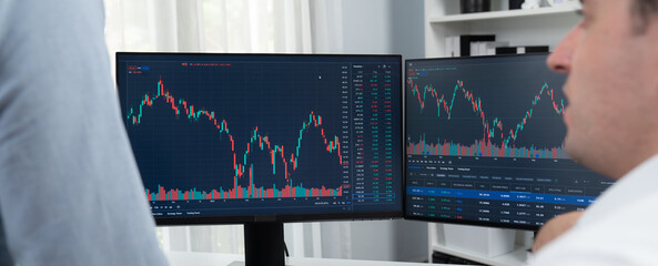 Stock exchange traders discussing digital currency on panorama view in market online focusing on real time dynamic data with two screens, analyzing increased trend investment at workplace. Sellable.