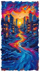 Psychedelic Urban River Flowing Through City at Sunset