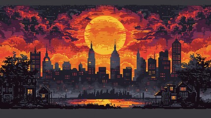 Pixel Art Cityscape with Giant Moon and Crimson Sky