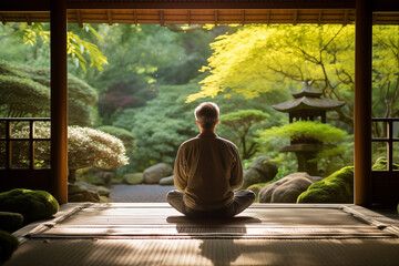 man sitting and meditating on a porch viewed from behind overlooking a Japanese garden