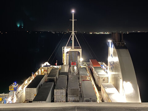 North Sydney, Nova Scotia, Canada: Marine Atlantic MV Highlanders Ferry. Night view of freight, commercial trailer deck. Ferry with services between Newfoundland, Labrador and Nova Scotia