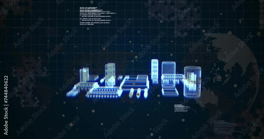 Poster animation of computer circuit board and data processing over globe on black background