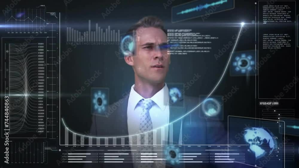 Poster animation of data processing with scope scanning over caucasian businessman on black background