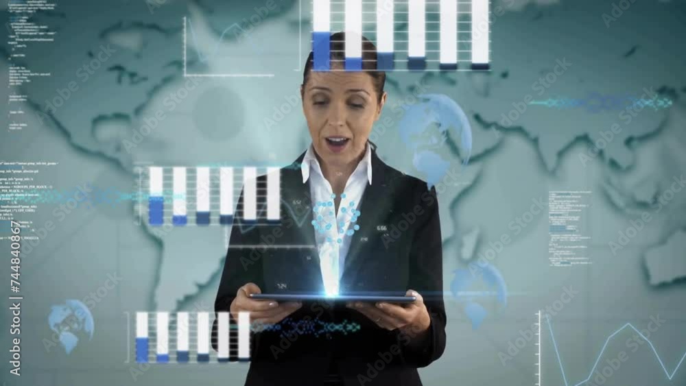 Poster animation of data processing and caucasian businesswoman using tablet over world map