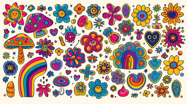 Groovy Hippie 70s Set. Funny Cartoon Flower, Rainbow, and Retro Elements. Colorful Vintage Illustration.