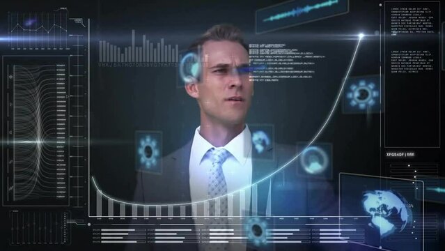 Animation of data processing with scope scanning over caucasian businessman on black background