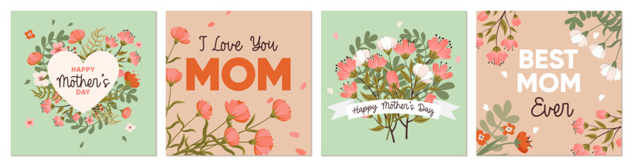 Mother's day square greeting cards set in hand drawn flat style with flowers and greenery in pastel colors and trendy typography. Modern vector templates for banners, posters, covers, social media.