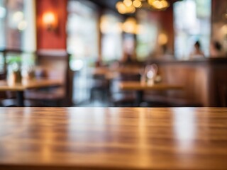The blurred background of a bustling restaurant fades into the distance, leaving the focus on the smooth, polished surface of a wooden table top.