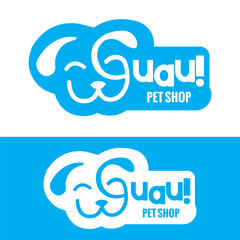 Vector Pet Shop Logo Design Template. Modern animal icon label for store, veterinary clinic. Flat illustration background with dog head forming word guau blue logo