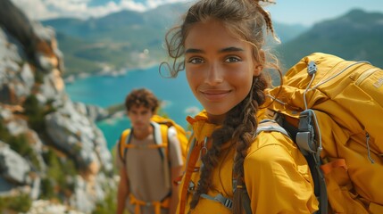 a man and a woman are hiking up a mountain . the woman is wearing a yellow jacket - obrazy, fototapety, plakaty