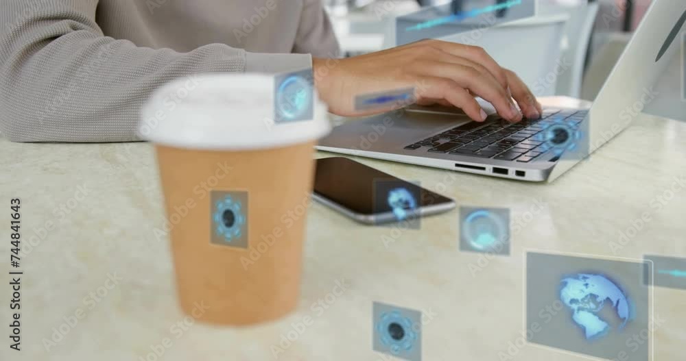 Poster animation of data processing with scope scanning over biracial businessman using laptop