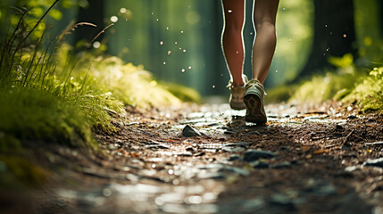 Close up of female hiker feet walking outdoors in the forest, female legs walking on a forest trail
