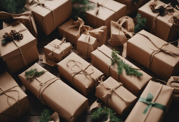 Christmas zero waste Eco friendly packaging gifts in kraft paper and garland