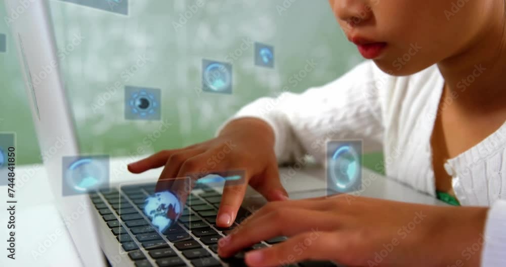 Poster animation of data processing with scope scanning over asian schoolgirl using laptop