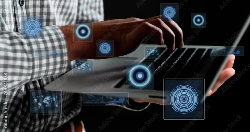 Poster animation of data processing with scope scanning over caucasian businessman using laptop