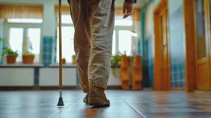 Elder person using wooden walking cane during rehabilitation in friendly hospital - obrazy, fototapety, plakaty
