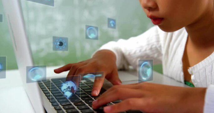 Animation of data processing with scope scanning over asian schoolgirl using laptop - Powered by Adobe