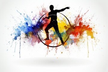 Dynamic Silhouette of an Athletic Man Striking a Powerful Pose with Vibrant Multicolored Paint Splashes in the Background, Contrasting Against a Clean White Backdrop