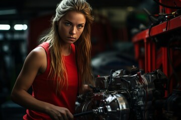 Fototapeta na wymiar Confident woman in red tank top, demonstrating skills and empowerment while adeptly fixing car engine in well-equipped garage, symbolizing female empowerment in automotive repair industry.