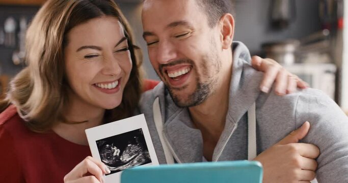Couple, sonogram and happy together on video call, love and wellness in apartment for baby photograph. Man, woman and excited by tablet with online connection, talking and parents by ultrasound image