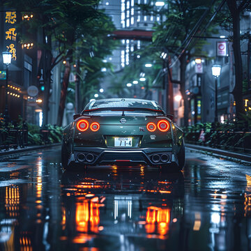 Olive Nissan GTR with wide bodykit and stance silver wheels, shot under bridge in night , neon reflecion on the car from ground, in the background see night city light with motion blur