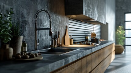 Fototapeta na wymiar minimal aesthetic modern kitchen interior design 3d rendered